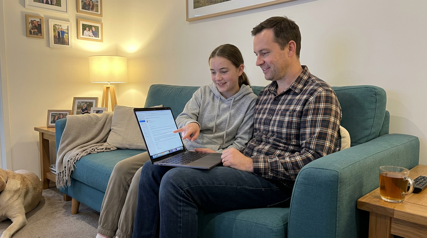 An American dad and his 8th grade daughter sit side-by-side on the family couch reading her tutor's weekly summary email together.