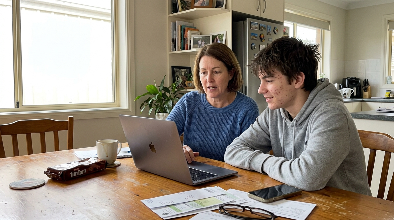 A parent and Year 11 student talking at home over an open laptop, mid-conversation, neither looking at the camera