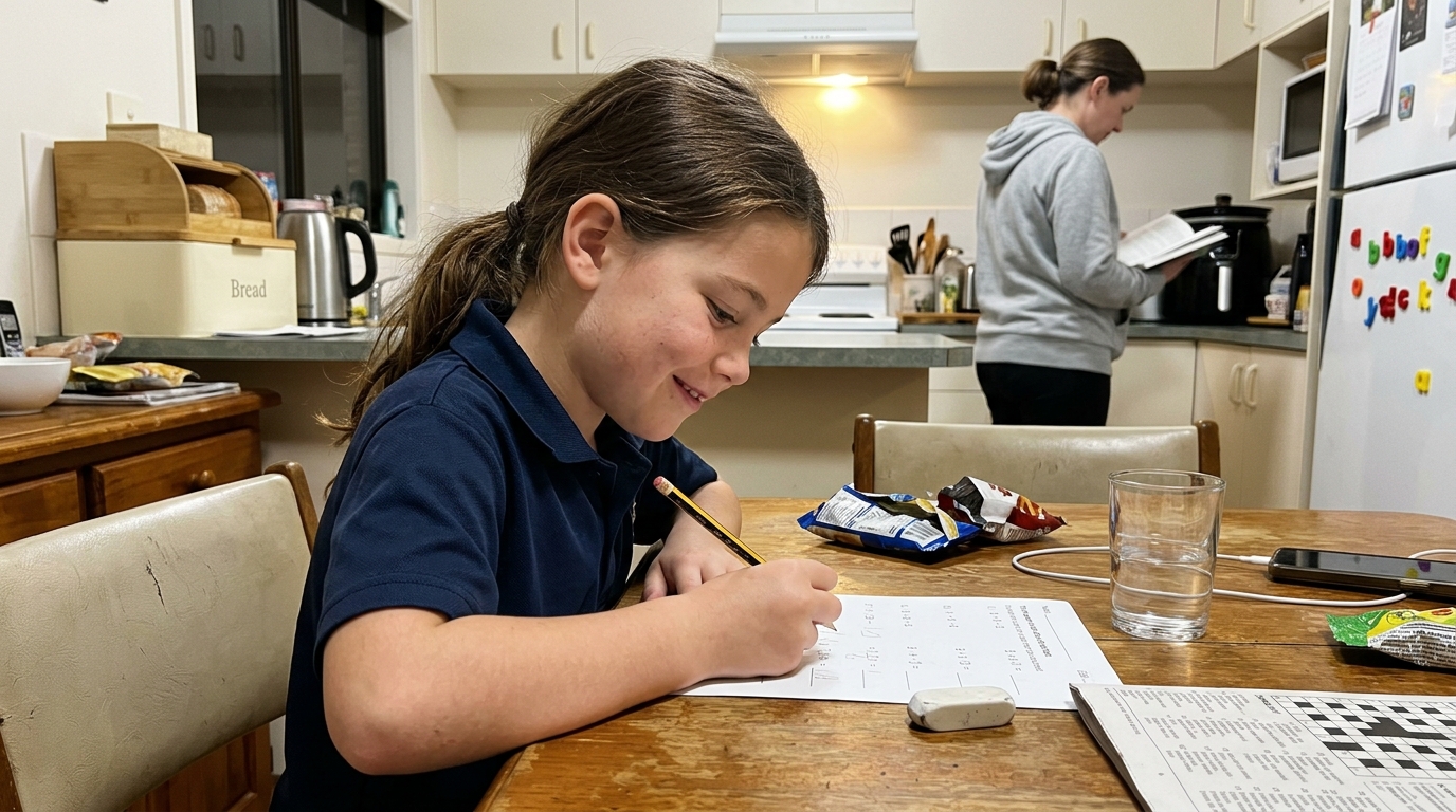 A primary-aged student working through a maths worksheet at the kitchen table while a parent reads nearby, a small private smile of getting it right