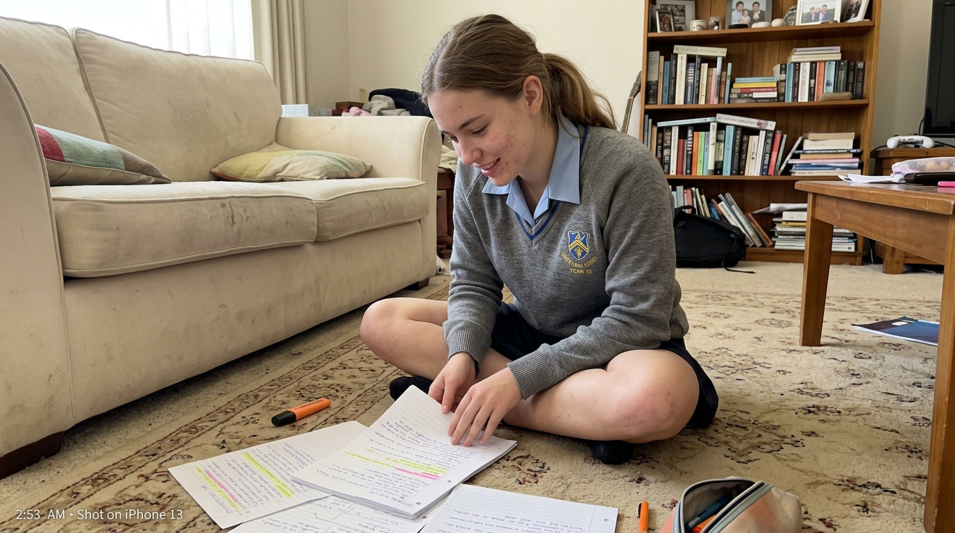 A Year 12 student in school uniform reviewing handwritten WACE study notes on the floor of a sunlit Perth lounge room, a small private smile of working something out