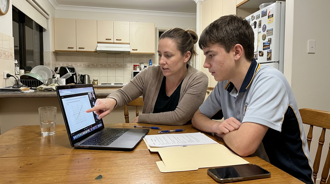 A WACE tutor and a Year 11 student side by side at a kitchen table during an online video session on a laptop, both focused on the screen, not looking at the camera