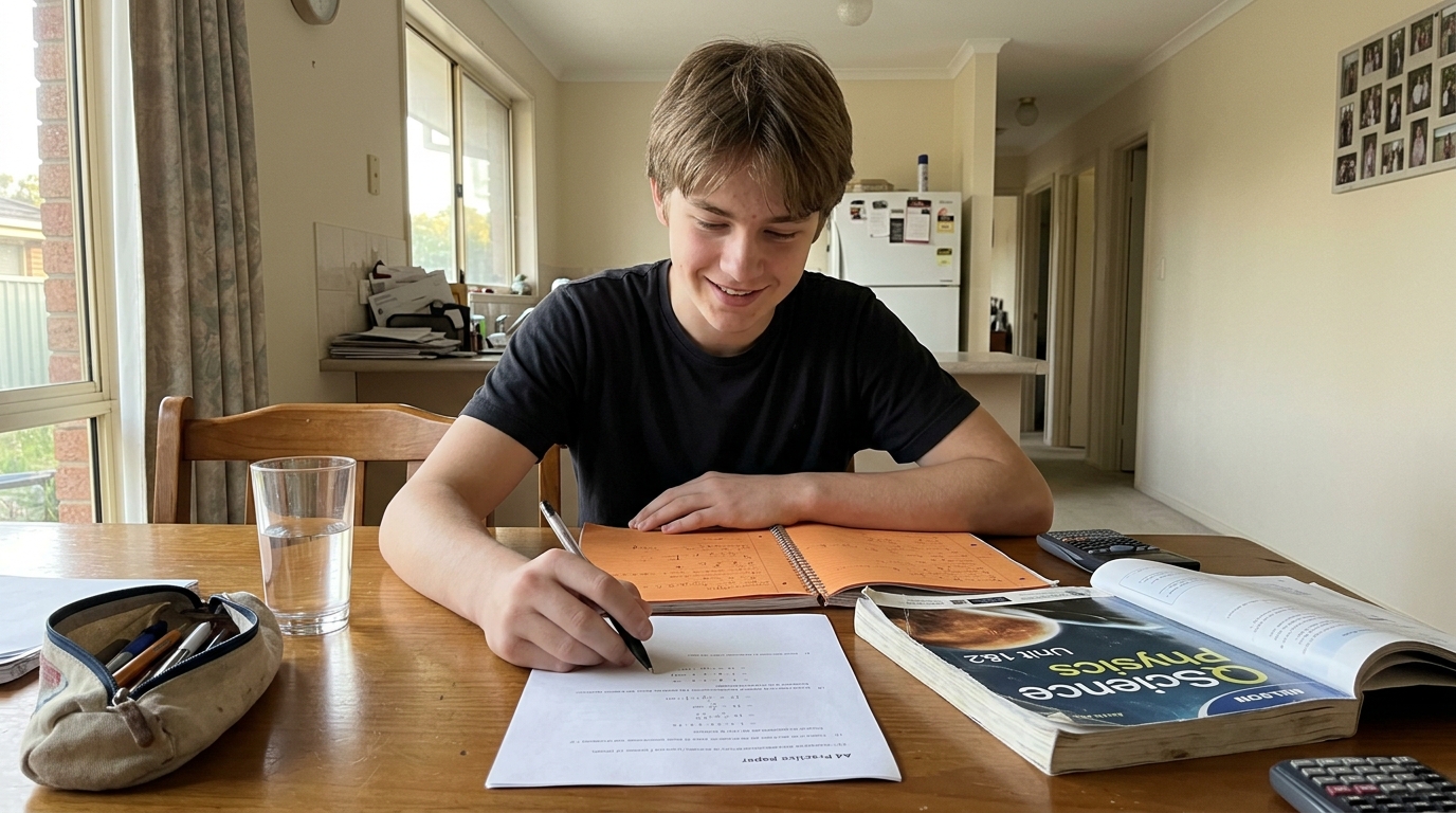 A teenage student at a suburban dining table working through a printed practice paper with a pen, a textbook and exercise book beside them, a small private smile, not looking at the camera