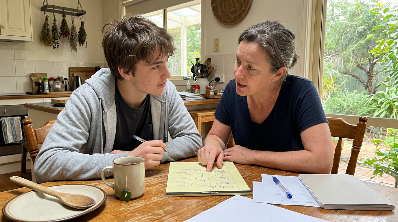 A parent and teenage SACE student sitting together at the kitchen table talking through a study plan on a paper notepad, not looking at camera