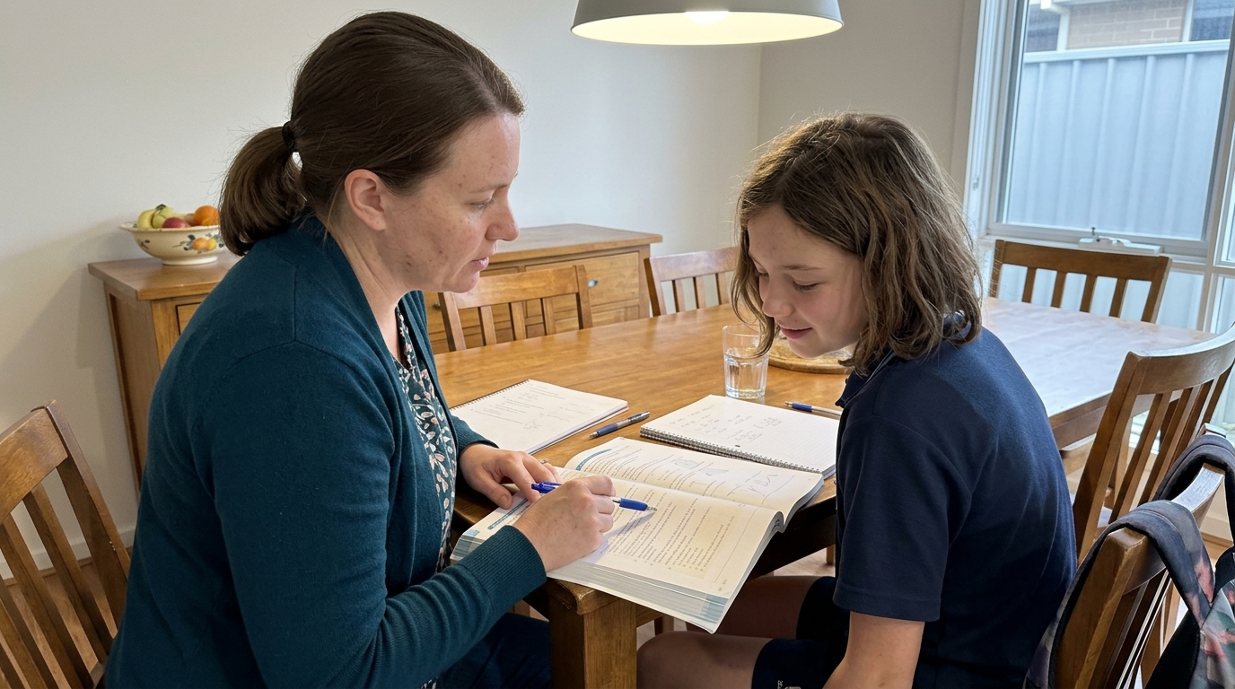 An adult tutor and a Year 7 student working through an open textbook together at a home dining table, the tutor pointing with a pen, neither looking at camera