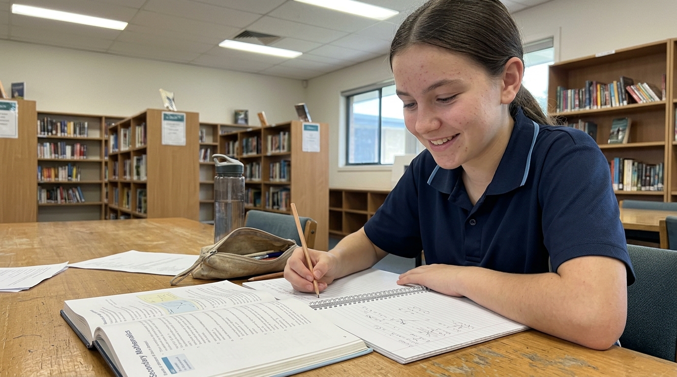 A Year 7 student writing in a spiral notebook beside an open textbook at a school library table, smiling slightly, not looking at camera