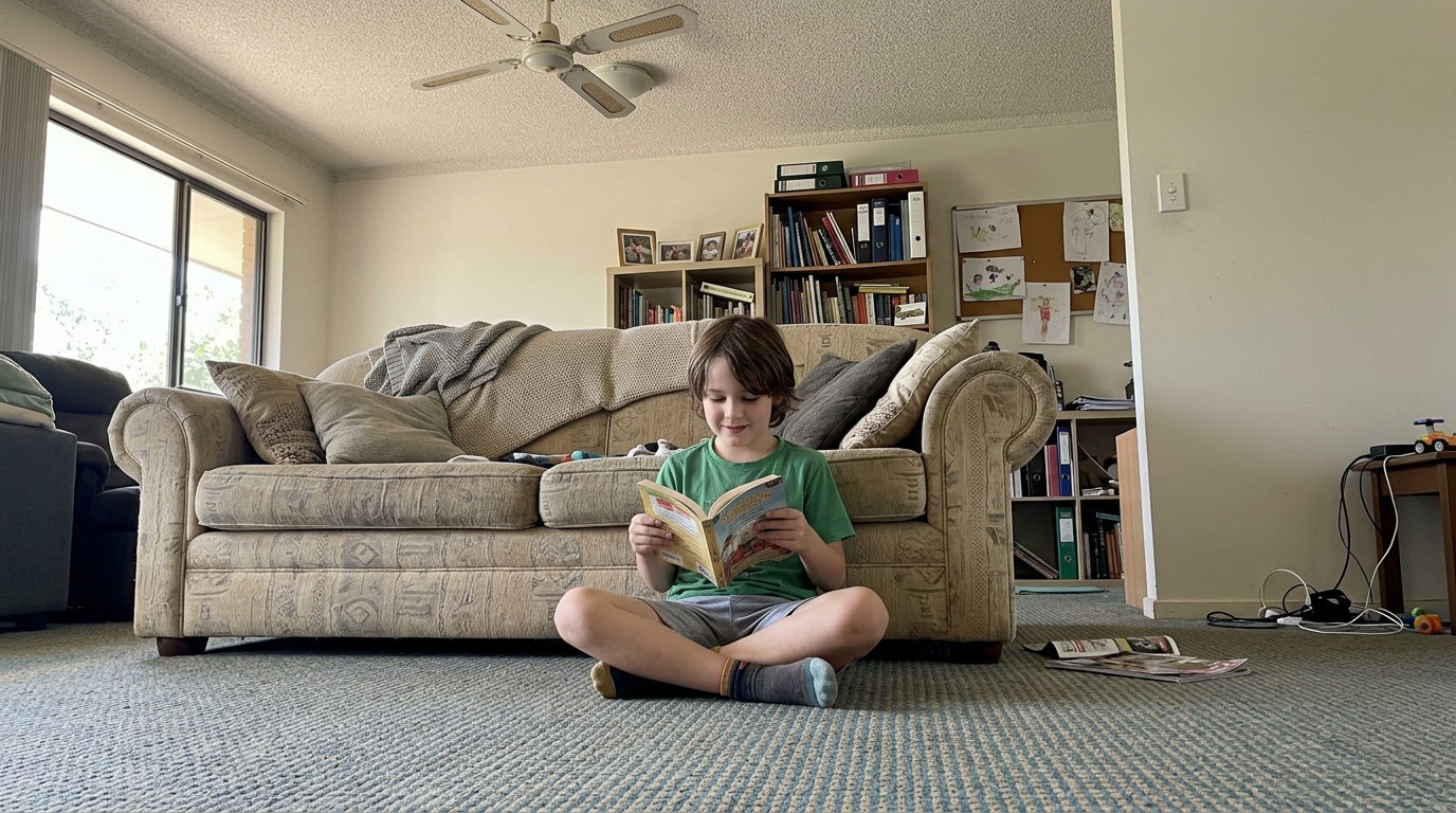 A primary-aged child reading a paperback book on the living-room floor in a Darwin home, absorbed, not looking at camera