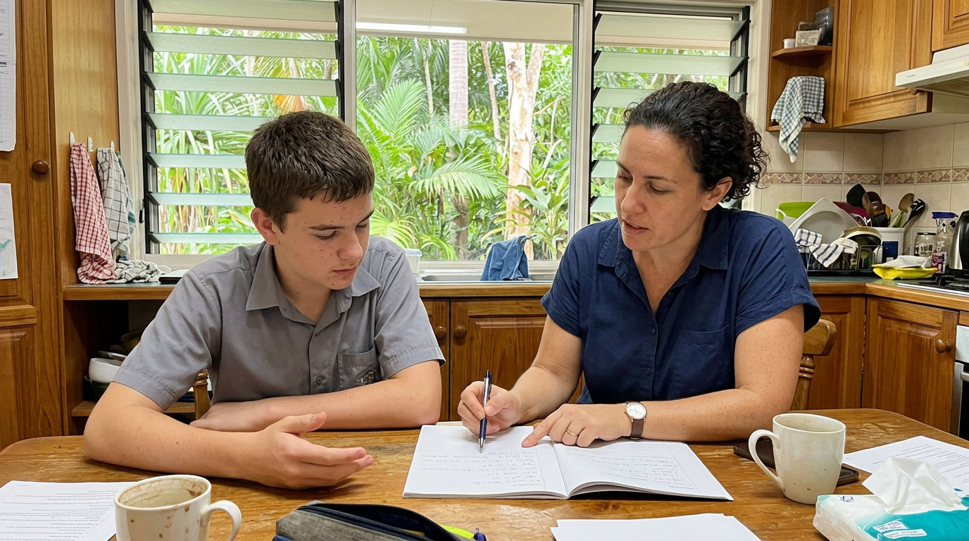 A tutor and a lower-secondary student working through an exercise workbook side by side at a kitchen table in a Top End home, not looking at camera