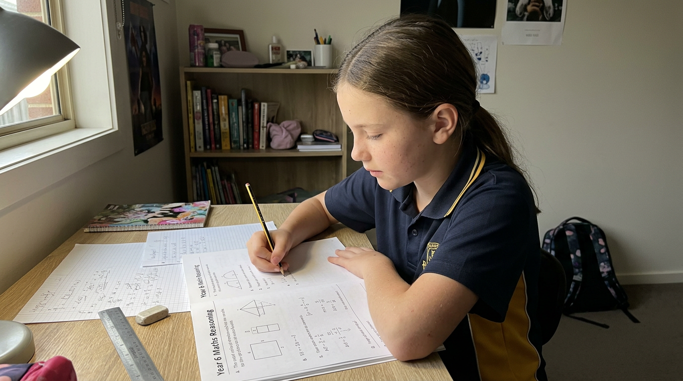 A Year 6 student working through a maths reasoning problem in a workbook at a home desk, concentrating quietly, not looking at the camera