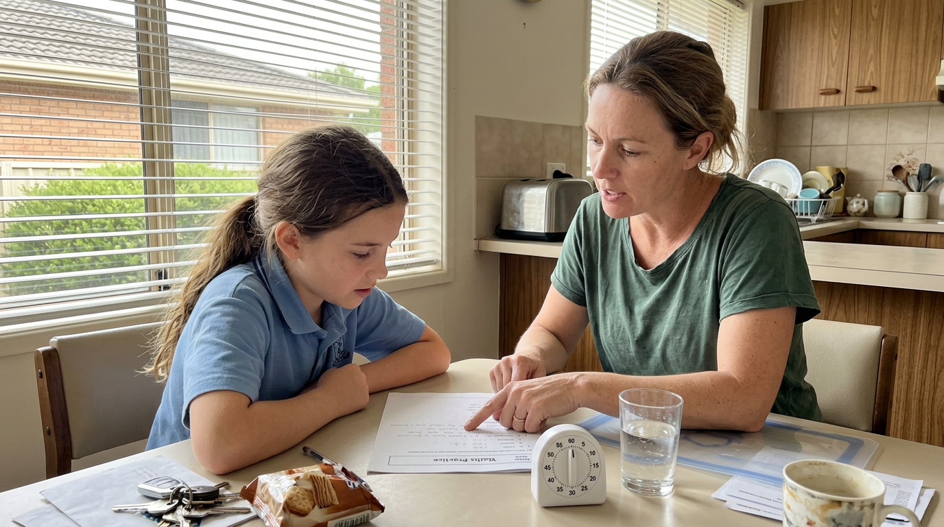 A parent and their Year 6 child reviewing a printed practice paper with a timer at the kitchen table, mid-conversation, not looking at the camera