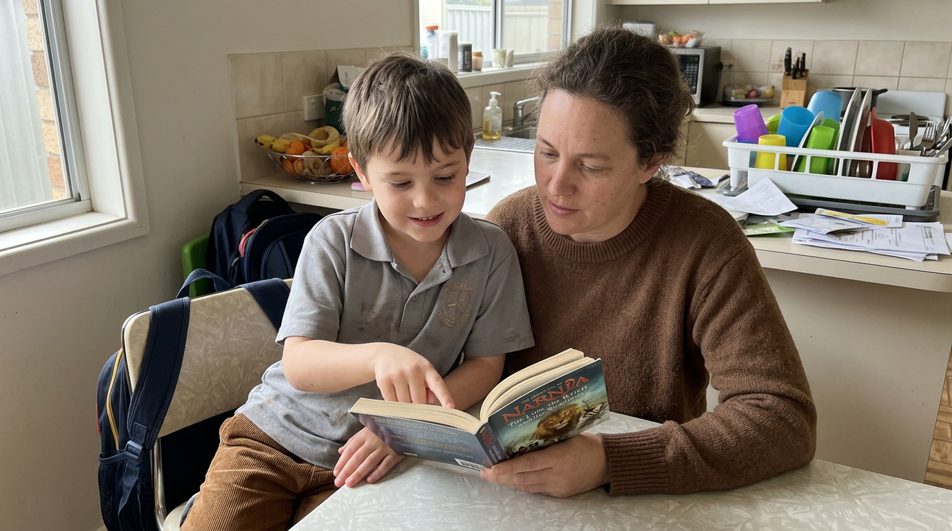 A young child reading aloud from a book with a parent at the kitchen table, pointing at a word, both looking at the page