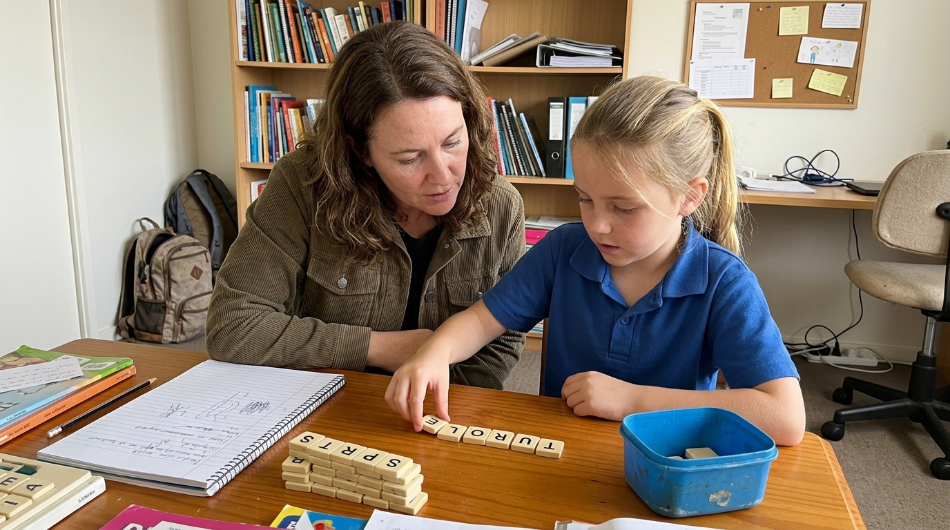 A literacy tutor and a child working one to one with physical letter tiles and a notebook at a desk