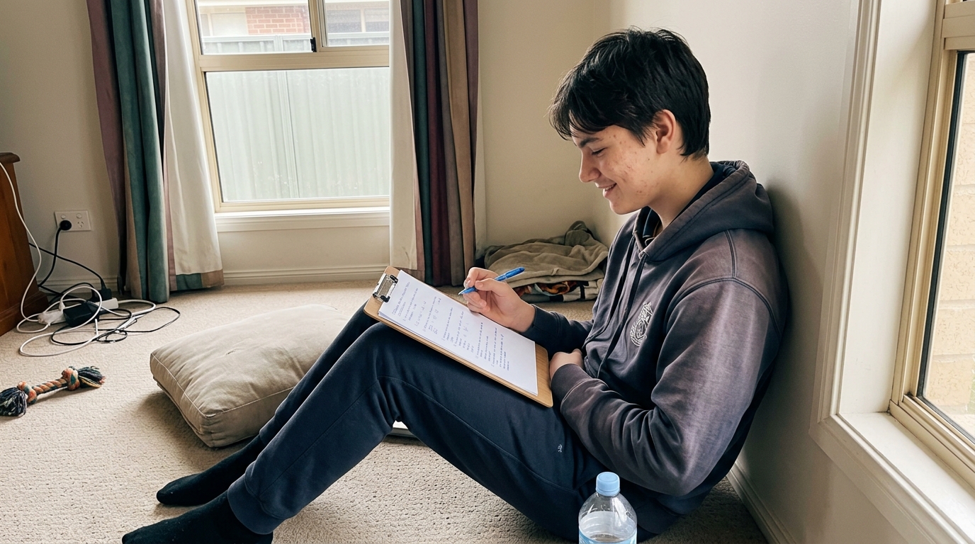 A Hobart student working through a maths problem in a notebook at a bedroom desk, a small private smile of getting it right