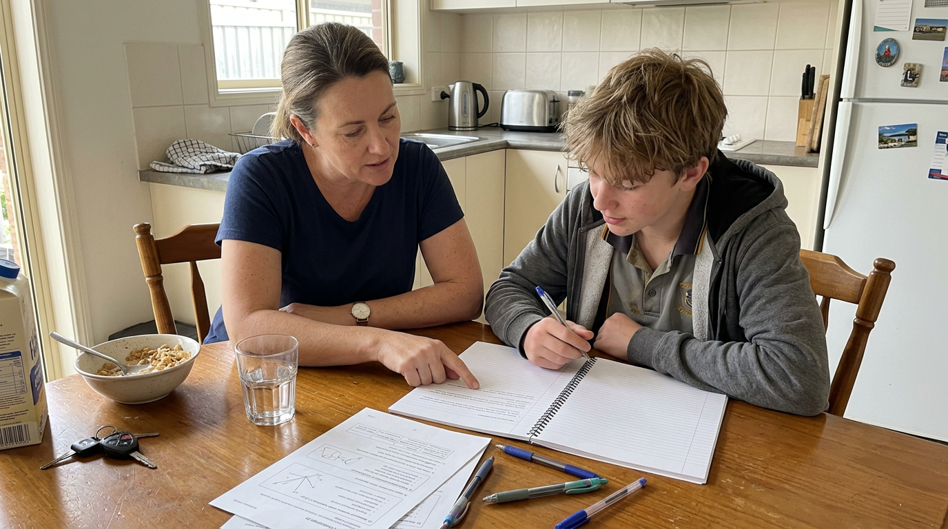 A Hobart parent and teenage student talking over an open laptop at the dining table, mid-conversation, not looking at camera