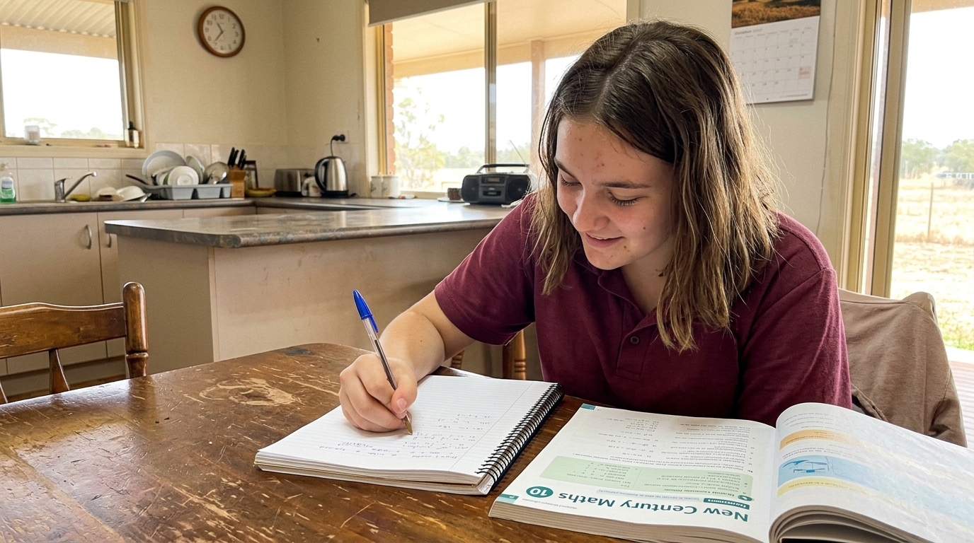 A regional Queensland student working through a maths problem in a notebook at a kitchen table, a small private smile of getting it right