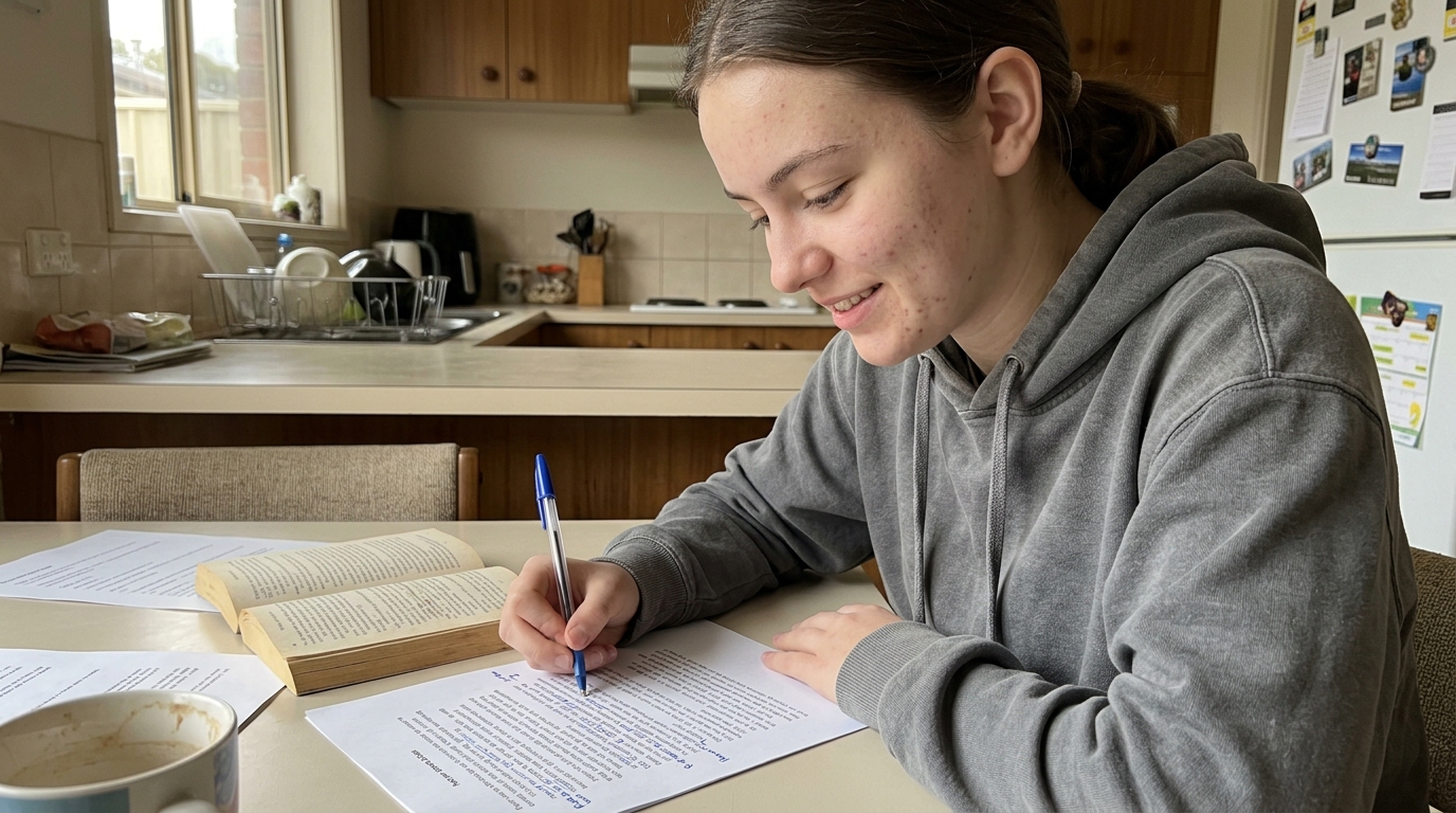 A Melbourne secondary student annotating a printed text passage at a kitchen table, a small private smile while marking up an argument, not looking at the camera