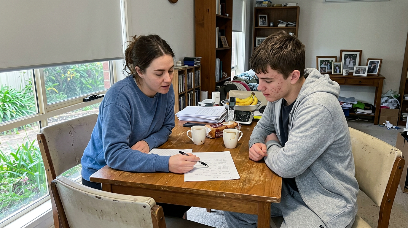 A tutor and a Melbourne senior student working through an essay plan on paper at a home dining table, both focused on the page, neither looking at the camera