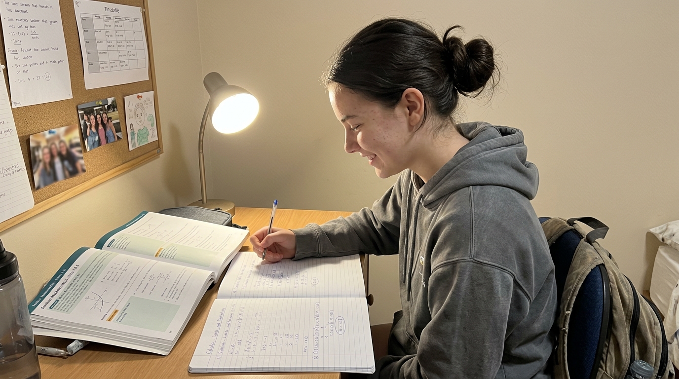 A senior Brisbane student working through a calculus problem in a notebook at a bedroom desk, a small private smile of getting it right
