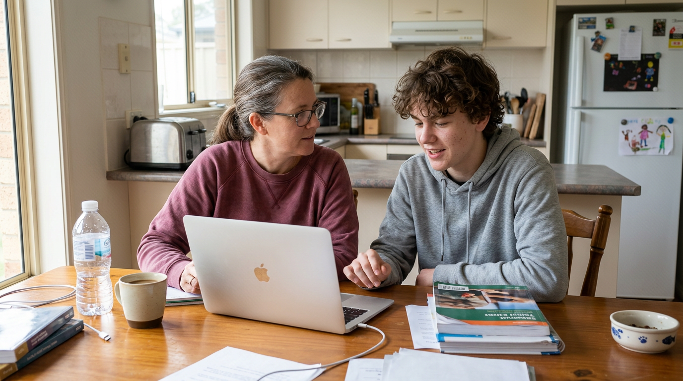 A Brisbane parent and teenage student talking over an open laptop at the dining table, mid-conversation, not looking at camera