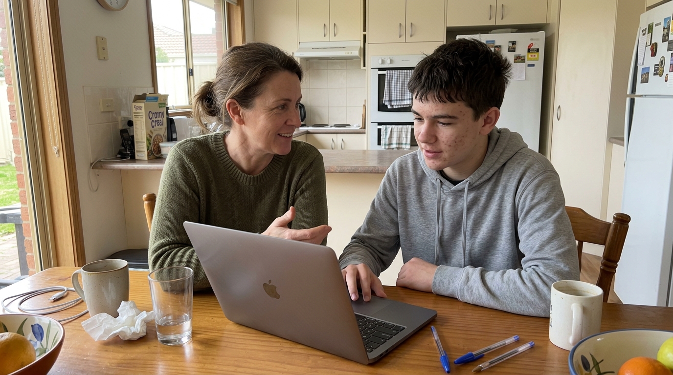A parent and a Year 11 student talking over an open laptop at the kitchen table, mid-conversation, not looking at camera