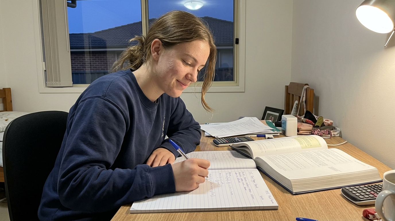 A Year 12 student working through an HSC past paper in a notebook at a bedroom desk, a small private smile of getting it right