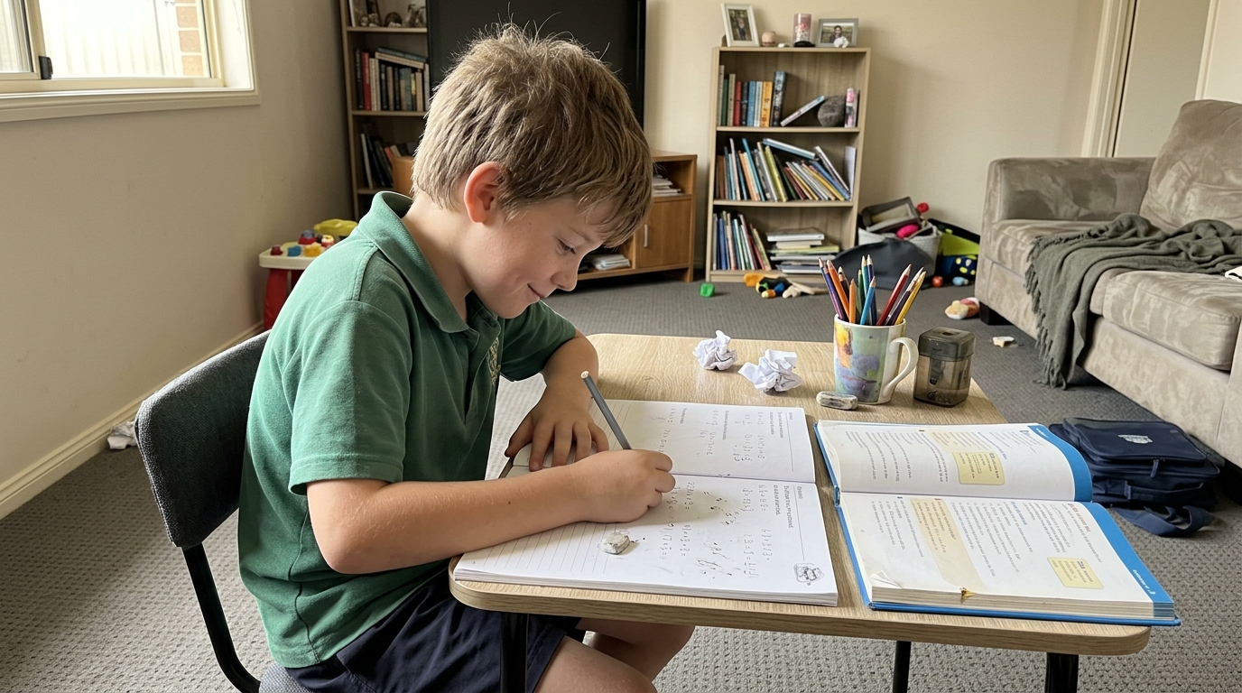 A student working through a problem in a notebook at a desk, a small private smile of getting it right