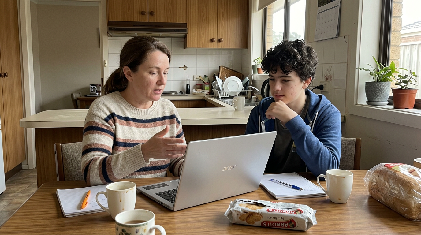 A parent and teenage student talking over an open laptop at the dining table, not looking at camera