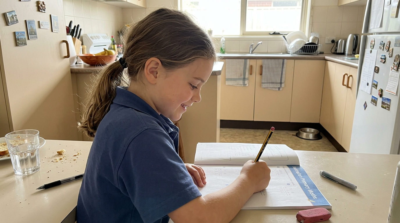 A primary-aged child working through a maths workbook at the kitchen table, pencil in hand, a small private smile, not looking at camera
