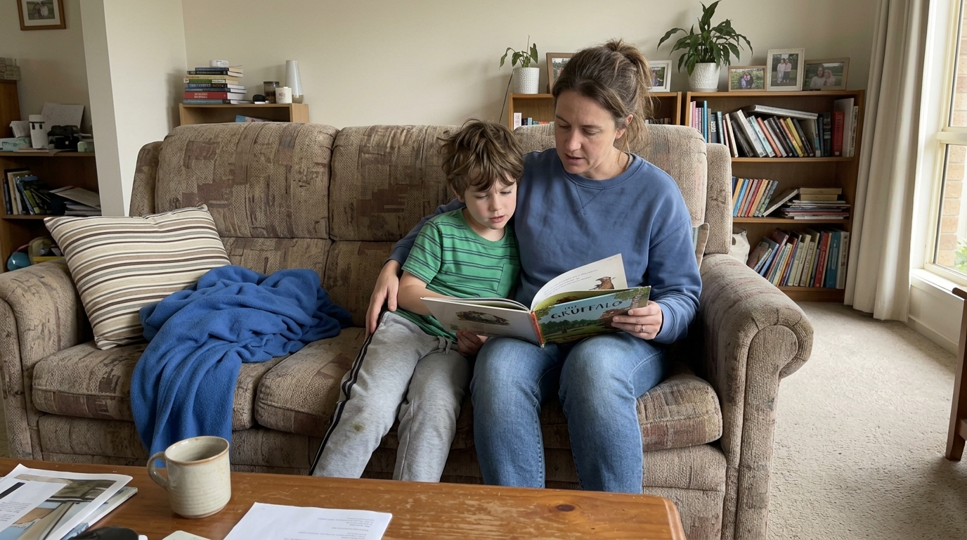 A parent and a primary-aged child reading a library book together on a couch, both looking at the page, relaxed, not looking at camera