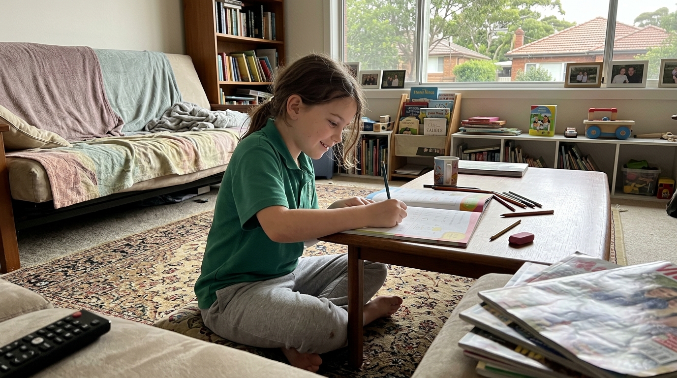 A young primary-school child writing in an exercise workbook on the living-room floor, a small private smile of working something out, no screen