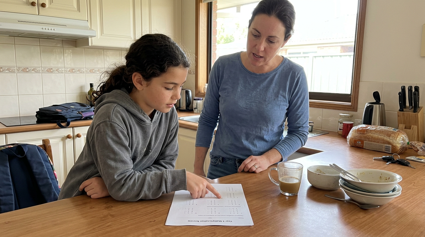 A primary-aged child and a parent looking together at a printed practice worksheet on the kitchen bench in the morning, not looking at camera