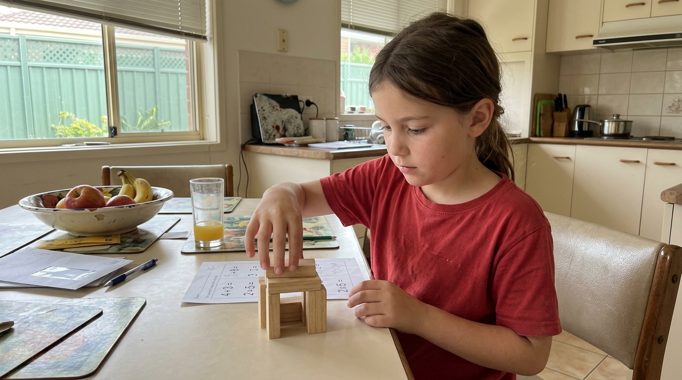 A primary-aged child building with wooden blocks at a kitchen table in daylight, focused, not looking at camera