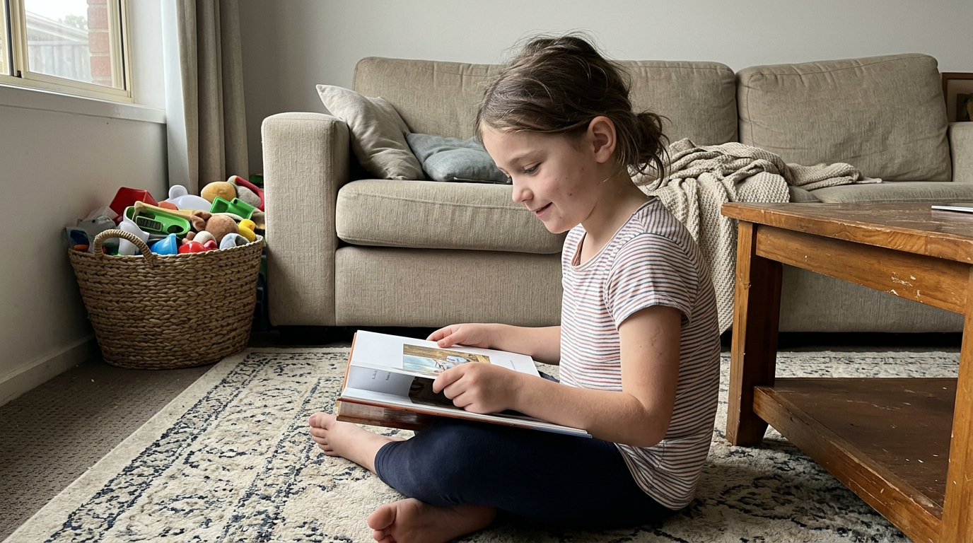 A primary-aged child reading a picture book on the lounge-room floor, a small private smile, not looking at camera