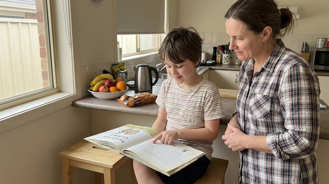 A Year 4 child reading aloud from a picture book at a kitchen bench while a parent listens, a small private smile, not looking at camera