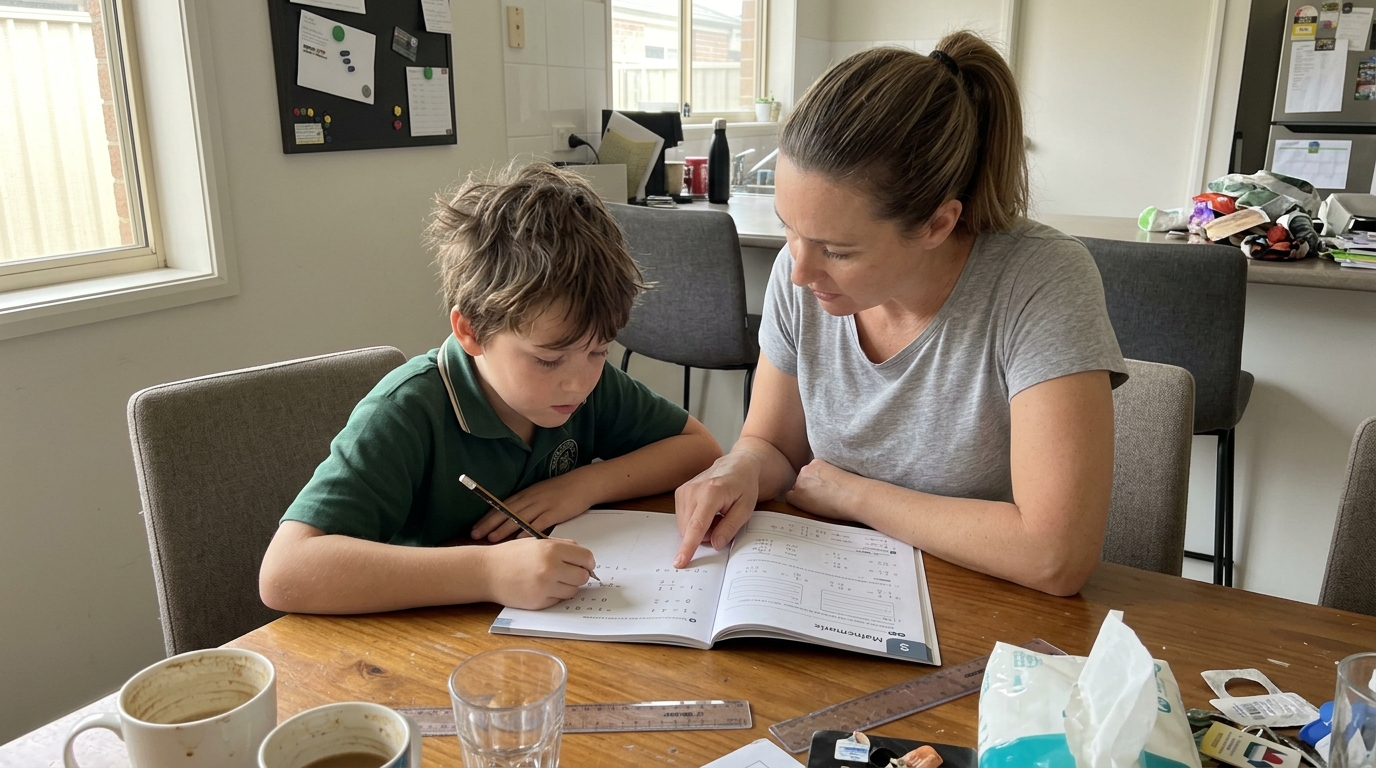 A primary-aged child and a parent working through a workbook together at a dining table in daylight, mid-conversation, neither looking at camera