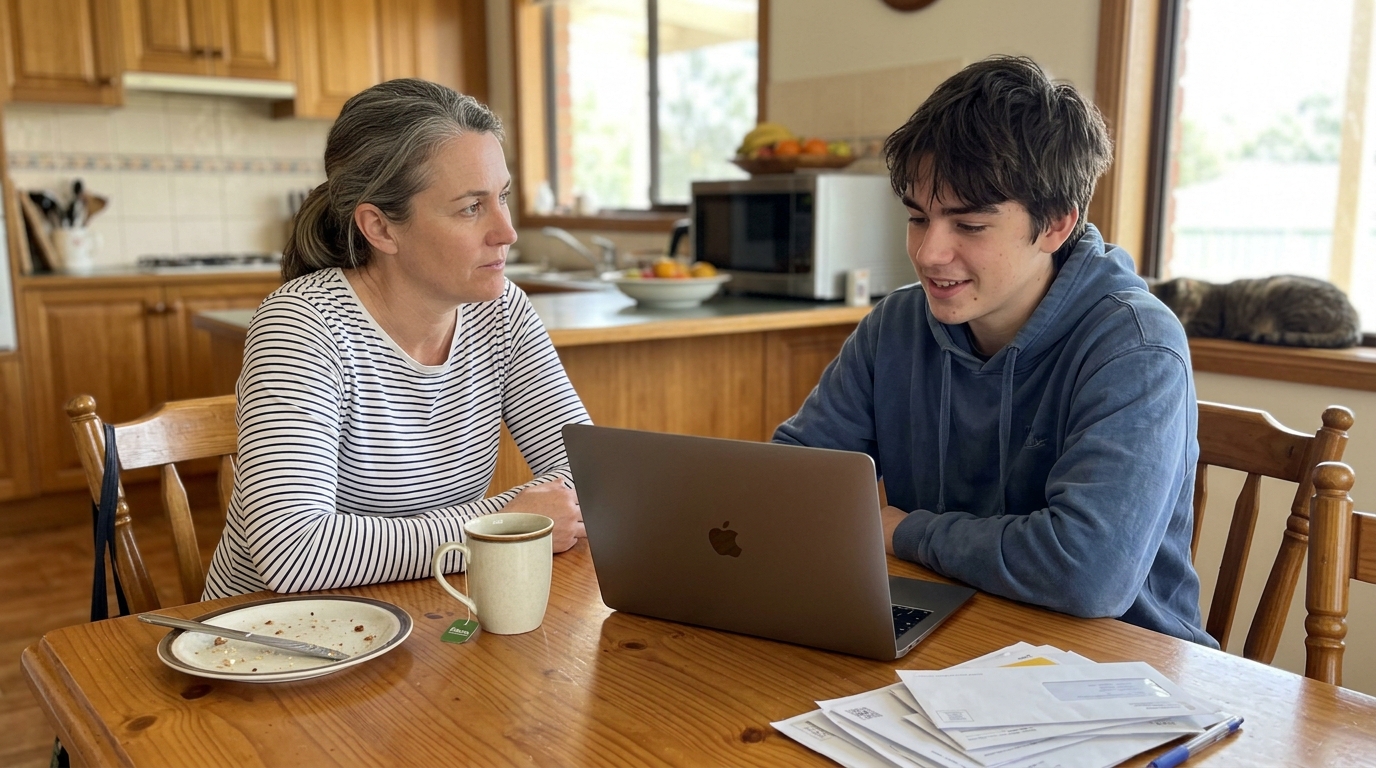 A parent and teenage student talking over an open laptop at a regional family's dining table, mid-conversation, not looking at camera