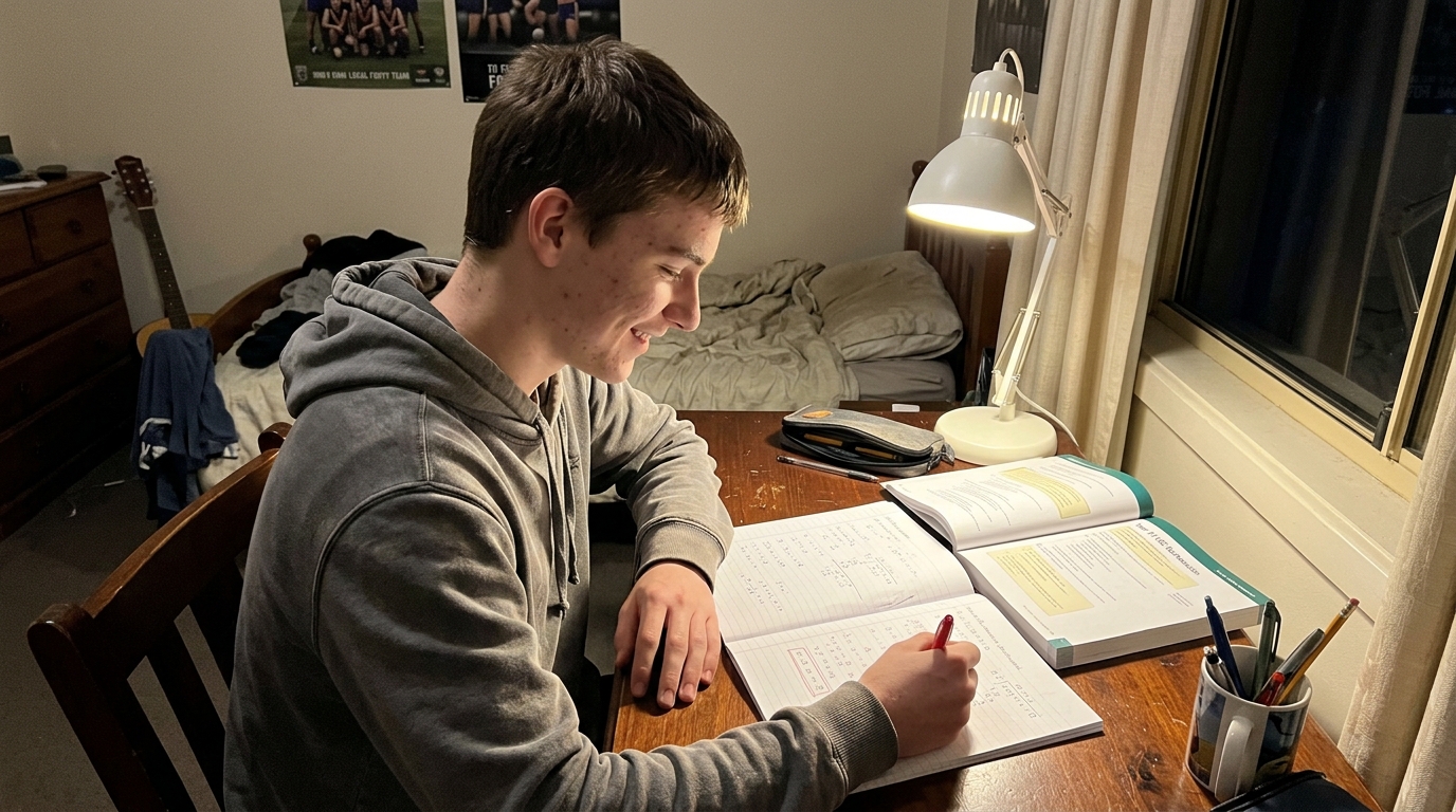 A senior student working through a problem in a notebook at a country-town bedroom desk, a small private smile of getting it right