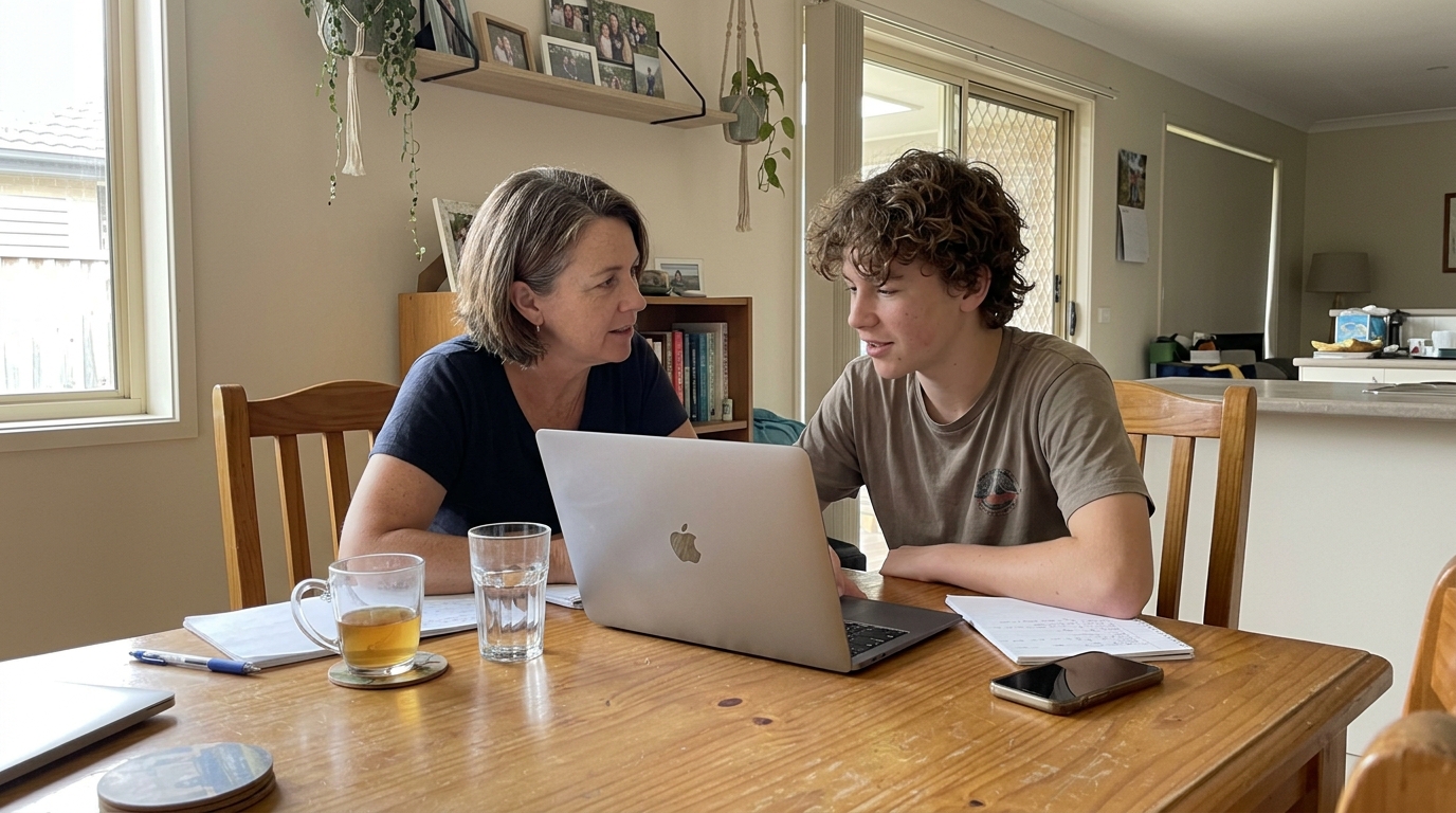 A parent and teenage student talking over an open laptop at the dining table, mid-conversation, not looking at camera
