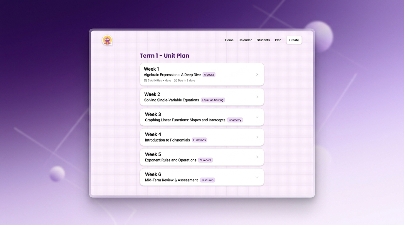 The tutero.ai unit planner, showing a term mapped into weekly lessons by topic