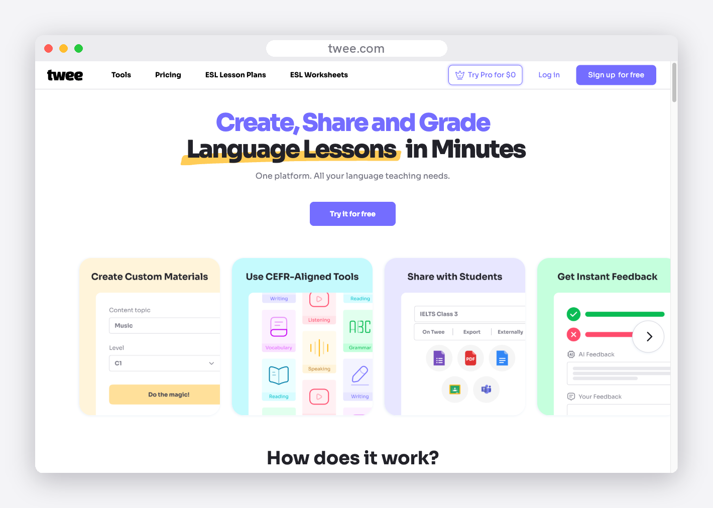 A screenshot of the Twee language-lesson tool homepage