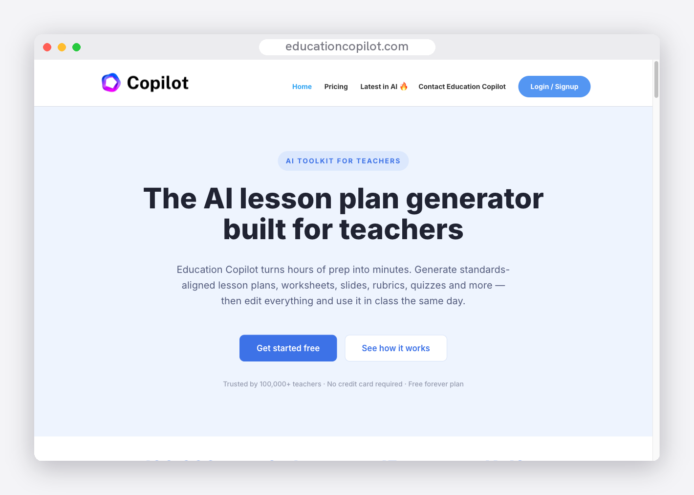 A screenshot of the Education Copilot AI lesson planner homepage
