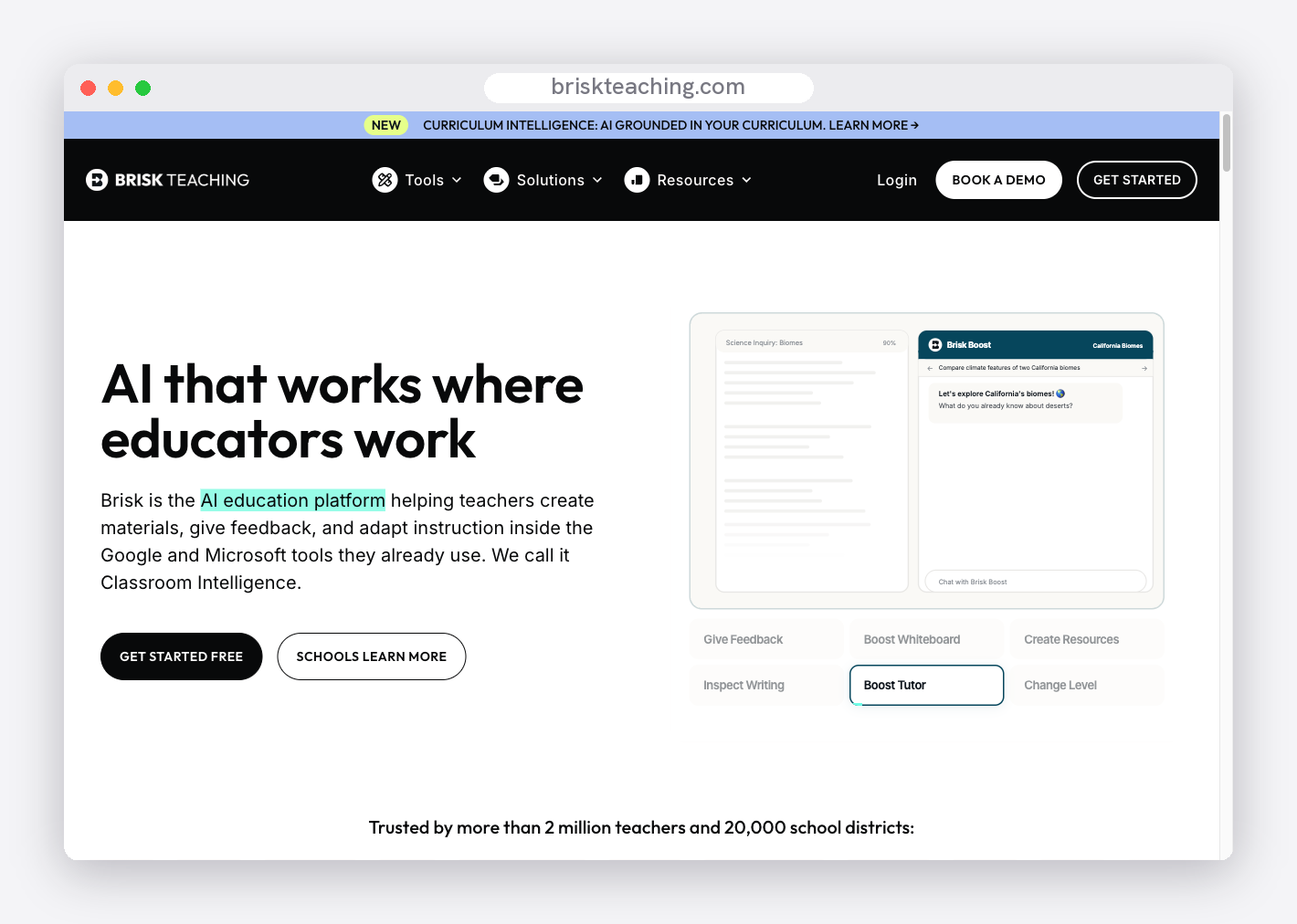 A screenshot of the Brisk Teaching homepage and product