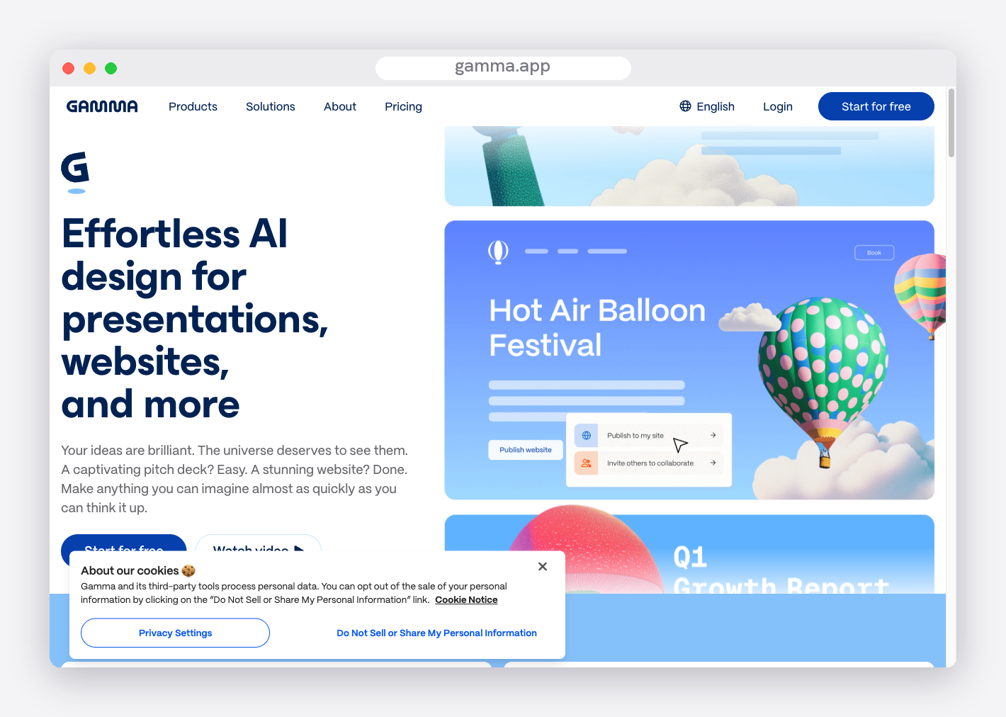 A screenshot of the Gamma AI presentation maker homepage