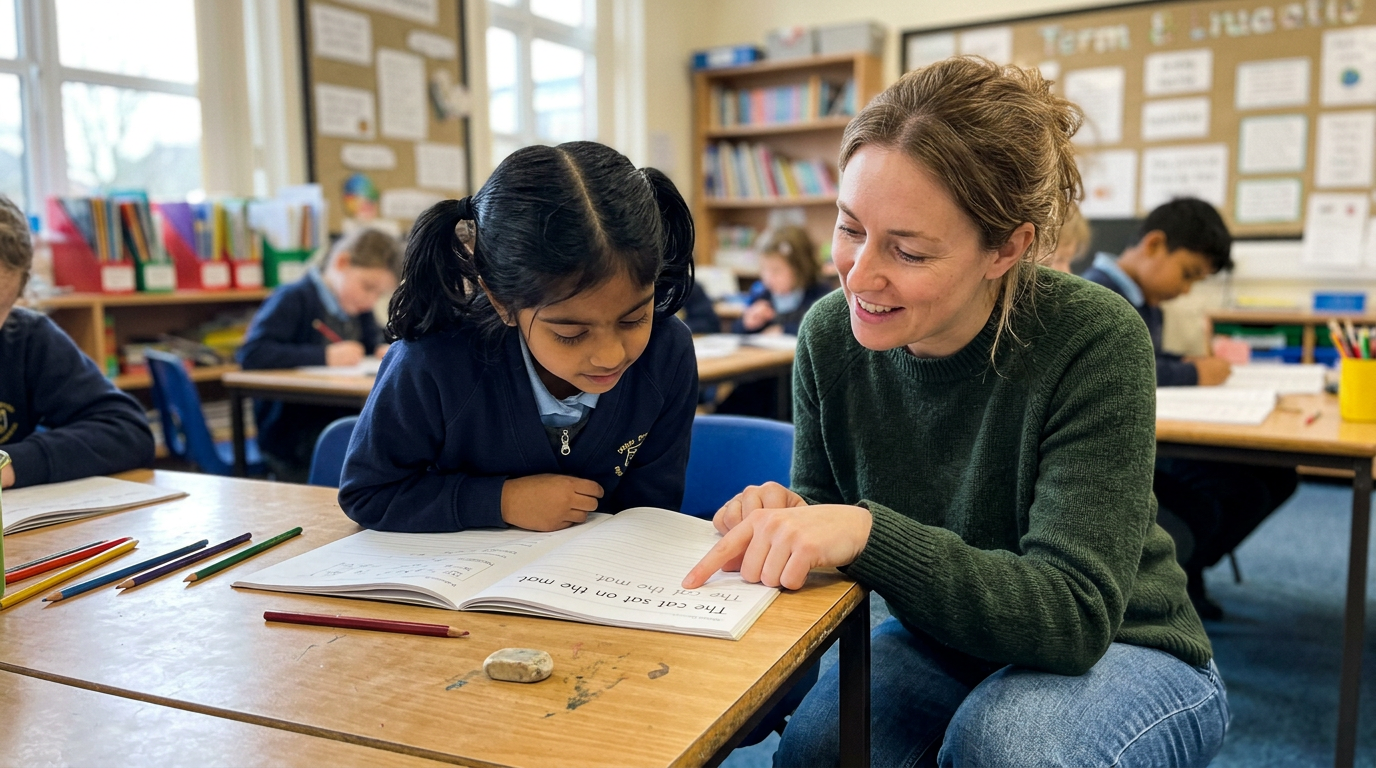 A teacher helping a primary student one on one at their desk