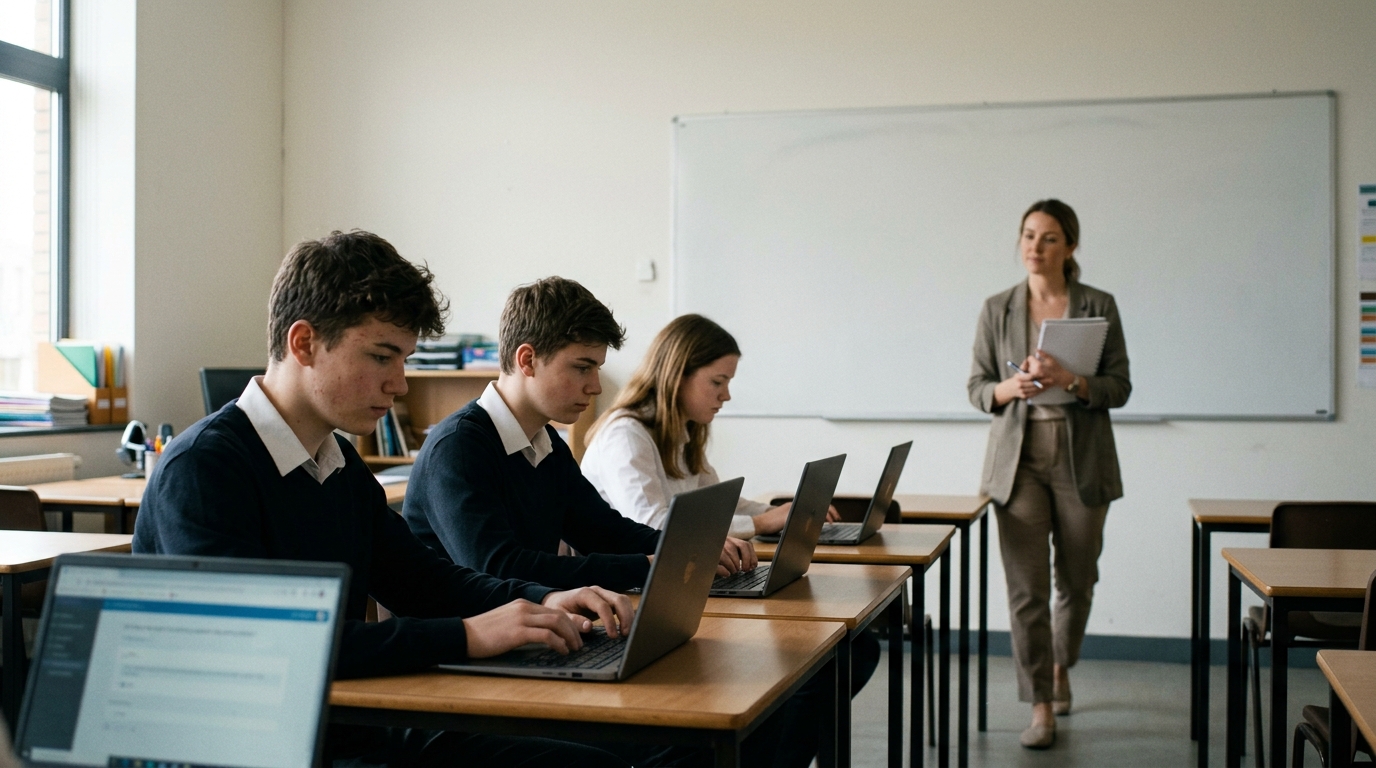 Secondary students taking a quiz on laptops in class