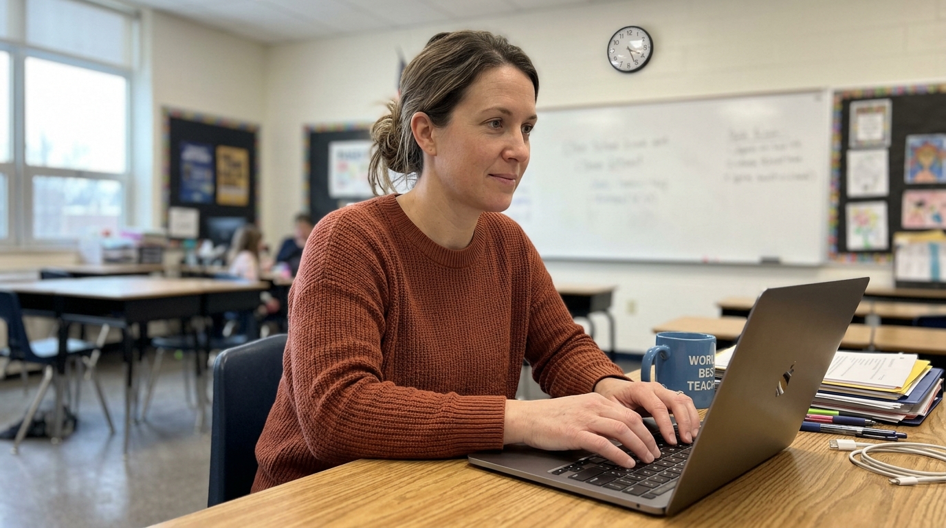 A teacher writing a parent email on a laptop in a classroom