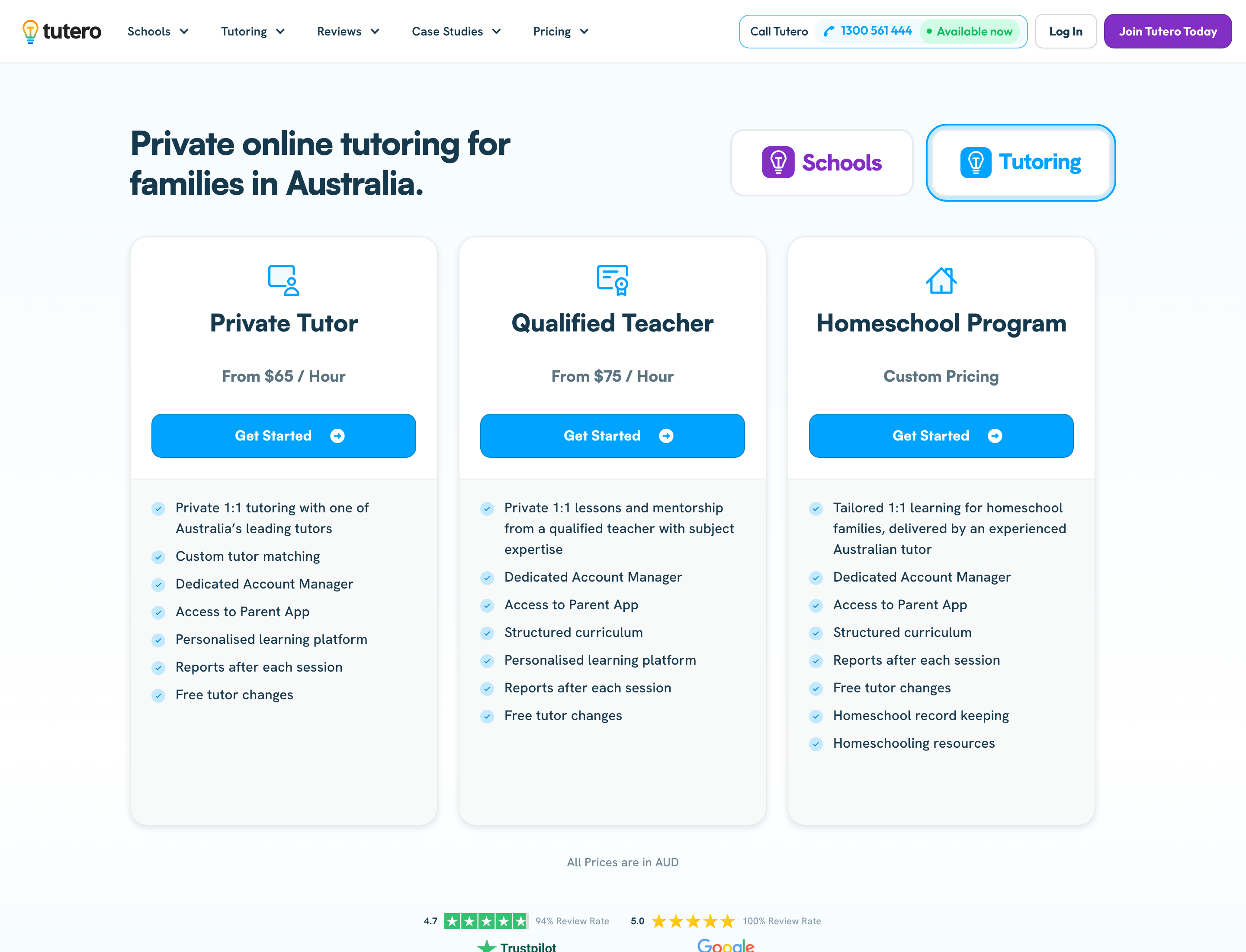Tutero transparent tutoring pricing page showing private one-to-one tutoring from A$65 per hour with no lock-in contracts