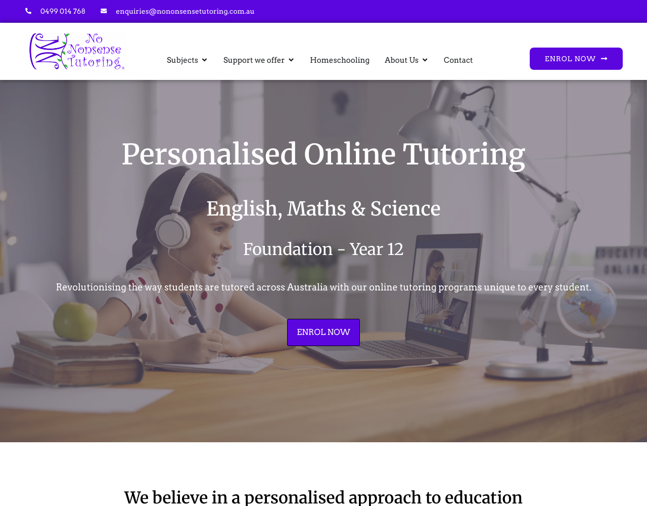 No Nonsense Tutoring website showing one-to-one online tutoring in English, maths and science for Foundation to Year 12, mapped to the Australian Curriculum