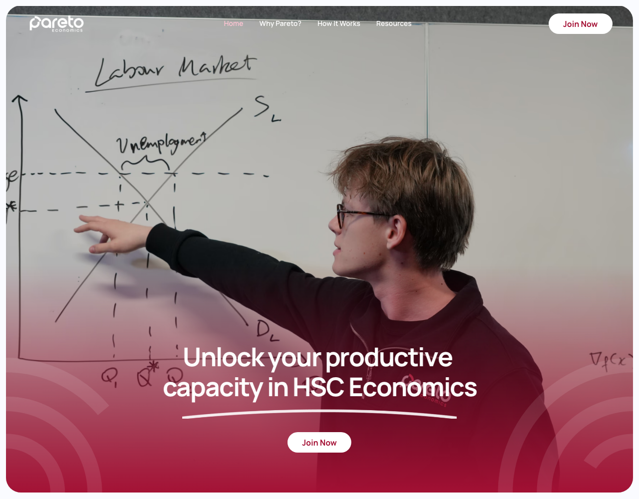 Pareto Economics website showing its single-subject HSC Economics classes, exam programs and essay-marking service