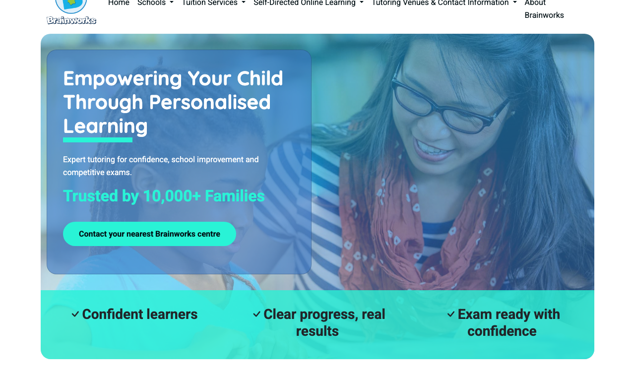 Brainworks website showing module-based one-to-one selective school and scholarship exam preparation for Years 3 to 9