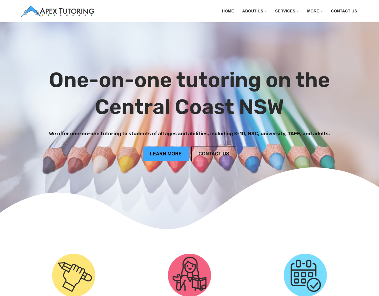 Apex Tutoring website showing one-on-one tutoring centres at Berkeley Vale and Wyong on the Central Coast